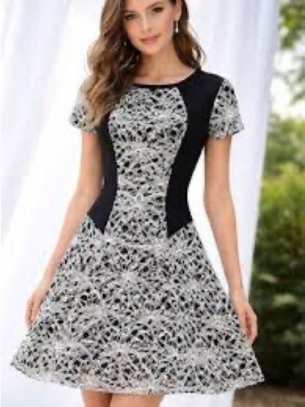 New York & Company Black and White Lace-Overlay Fit & Flare Mini Dress